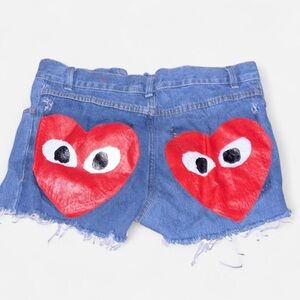 Comme des Garcons PLAY Blue and Red Jean Shorts with Heart Design